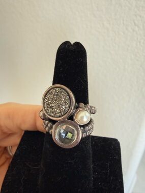 Michael Dawkins Silver-Tone Druzy, Clear Crystal & Pearl Ring - Size 7 - EUC!